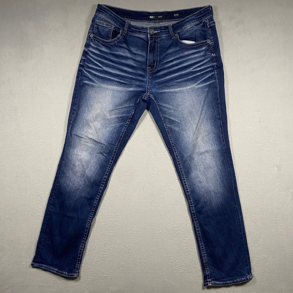 BKE Nolan Straight Jeans Mens 34x32 Blue Medium Wash Stretch Whiskered GBS2665